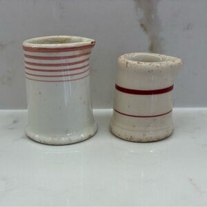 Pair of Vintage Restaurant Ware Table Creamers Ceramic Striped Red Aged Patina